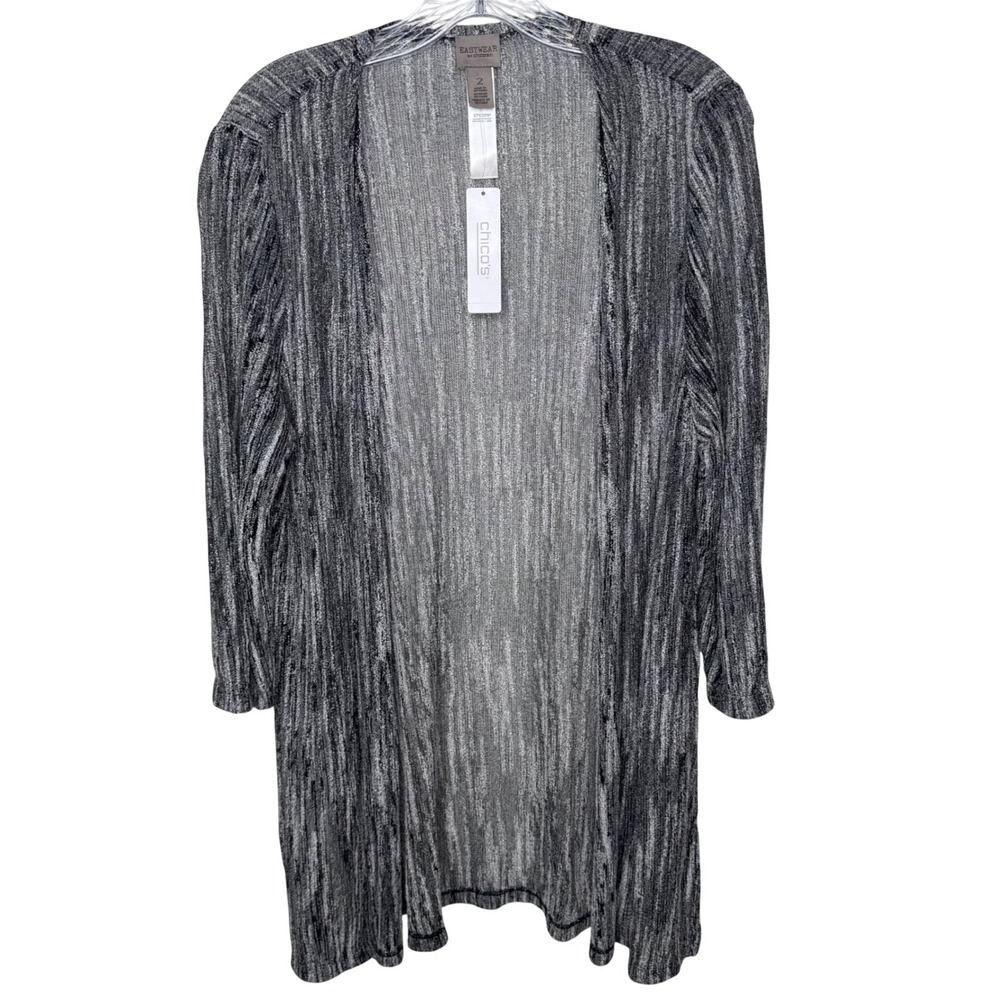 Chicos Easywear Striped Falls Burnout Jacket 2 Large Black‎ White Open Cardigan